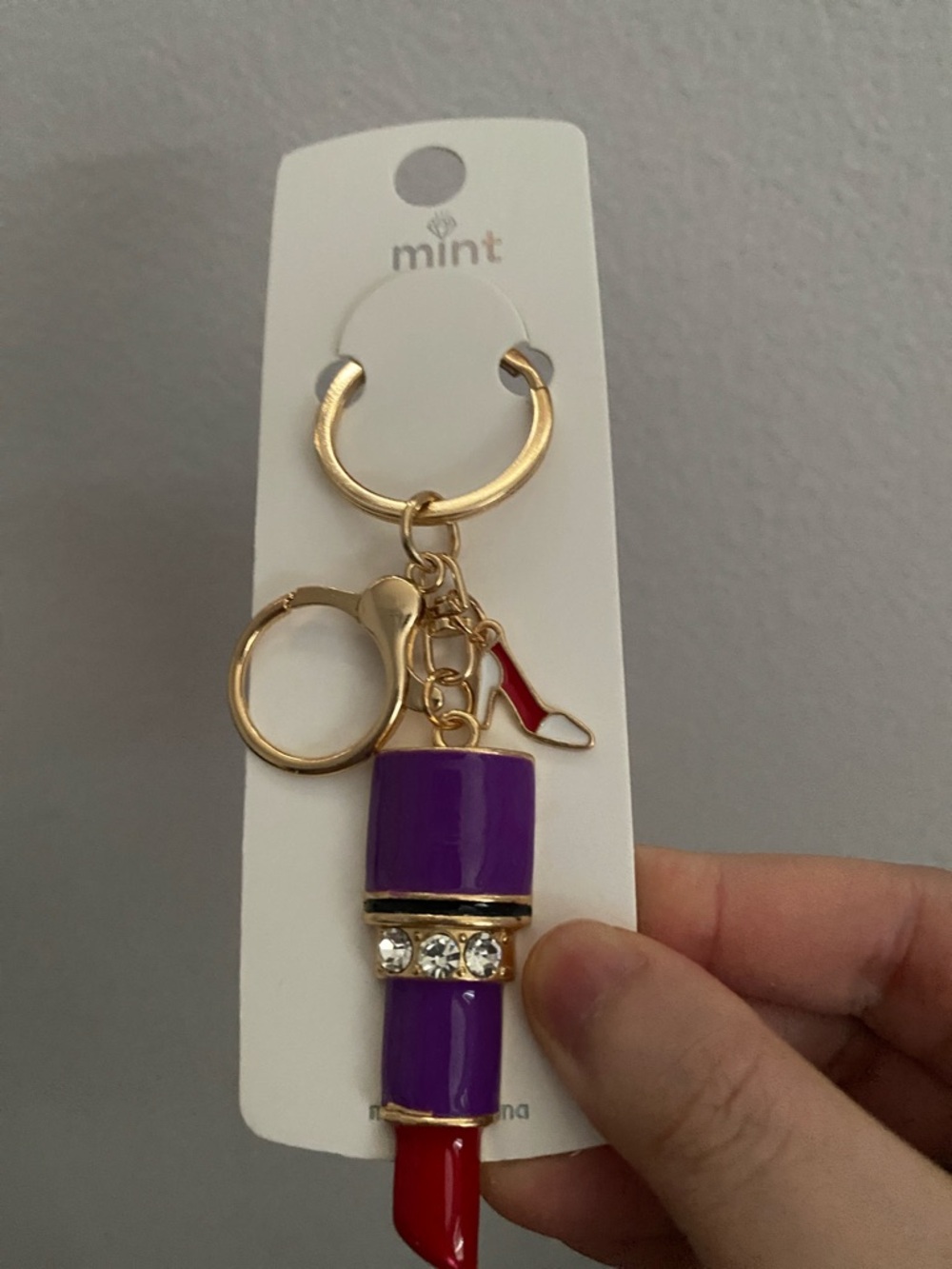 Mint Purple & Red Lipstick Key Ring with Gold Shoe Charm